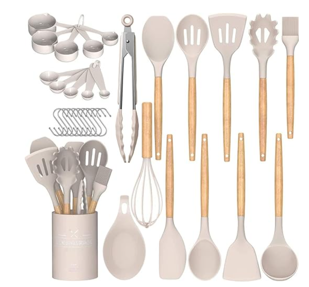 TOLO Deals(TM), Umite Chef Kitchen Cooking Utensils Set, 33 pcs Non-Stick Silicone Cooking Kitchen Utensils Spatula Set with Holder, Wooden Handle Silicone Kitchen Gadgets Utensil Set (Khaki)