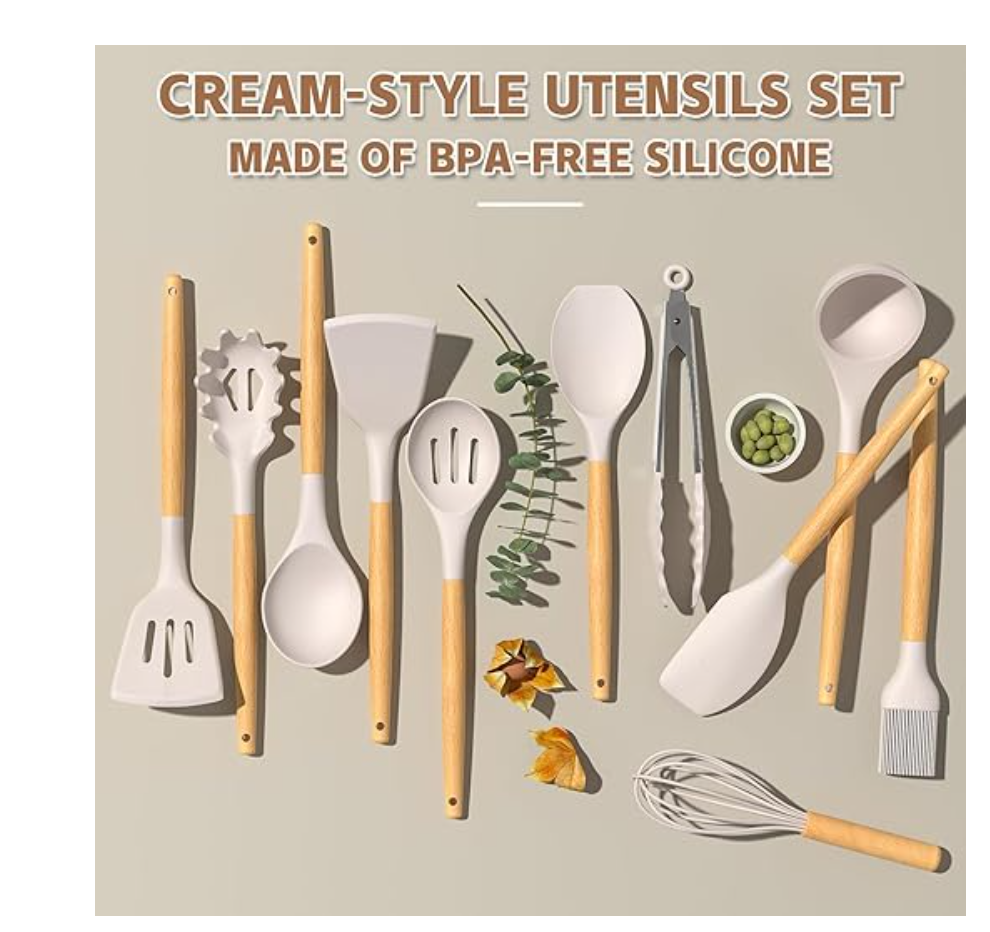 TOLO Deals(TM), Umite Chef Kitchen Cooking Utensils Set, 33 pcs Non-Stick Silicone Cooking Kitchen Utensils Spatula Set with Holder, Wooden Handle Silicone Kitchen Gadgets Utensil Set (Khaki)