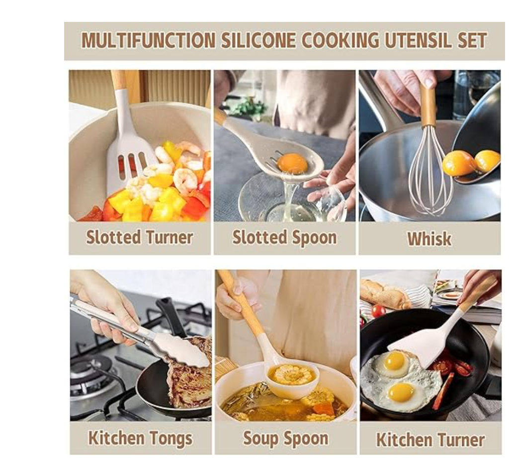 TOLO Deals(TM), Umite Chef Kitchen Cooking Utensils Set, 33 pcs Non-Stick Silicone Cooking Kitchen Utensils Spatula Set with Holder, Wooden Handle Silicone Kitchen Gadgets Utensil Set (Khaki)